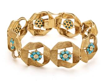 18K Yellow Gold Bracelet, Turquoise Beads L 7" 35g