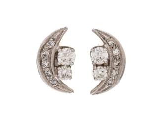 Diamond Earrings, 14K White Gold, Ca. 1940, 3.8g 1 Pair