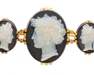 Victorian Carved Cameo on Black Onyx, 3 Profiles, Ca. 1900, W 2.2" 10.2g