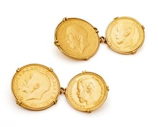 Russian 5 Rouble Gold Coin & King George V Sovereign Gold Coin Cufflinks, 1898 & 1920, L 1.5" 33g 1 Pair