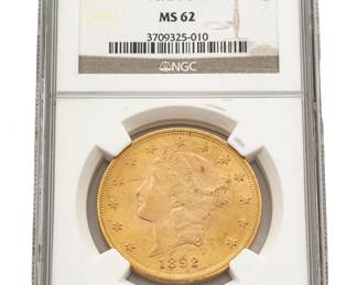 1892 U.S. $20 Liberty Head Double Eagle Gold Coin, Dia. 1.25"