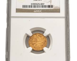 1904 U.S. $2.5 Quarter Eagle Coronet Head Gold Coin, Dia. 0.75"