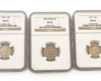 1914 & 1915 U.S. 10 Cent Barber Dimes & 1883 5 Cent Shield Nickel, Dia. 0.75" 3 pcs