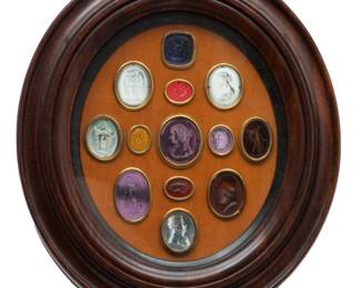 Victorian Carved Classic Intaglios (14) Assembled in Mahogany Frame