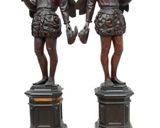 Continental Carved Walnut Monumental Figural Candle Holders, H 75" W 22" 1 Pair