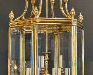 Hexagonal Brass & Glass Paneled 9-light Chandelier, H 48" Dia. 20"