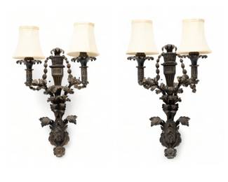 French Style Bronze Patinated Metal 2-Light Sconces, Ca. 1940, H 18" W 13" 1 Pair
