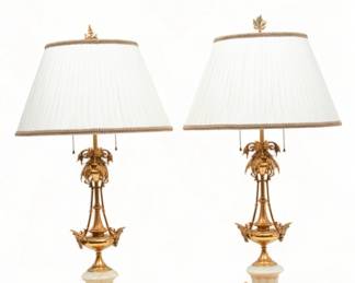 Pair of Dore Bronze And Onyx Table Lamps, H 37" Dia. 7"