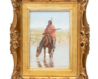 John Hauser (American, 1859-1913) Watercolor on Paper, 1908, "At the Water Hole", H 14" W 10"