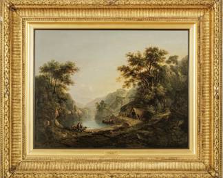 Alexander Nasmyth (Scottish, 1758-1840) Oil on Canvas "The Fishing Party, Loch Katrine, Perthshire" H 27" W 35"