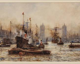 Frank William Scarborough (British, 1860-1939) Watercolor on Paper "The Pool of London", H 14.5" W 21"