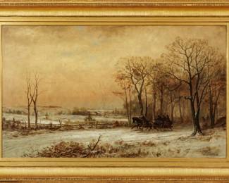 James Brade Sword (American, 1839-1915) Oil on Canvas, Ca. 1880, "The Sleigh Ride", H 30" W 50"