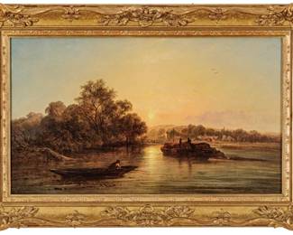 George Augustus Williams (English, 1814-1901) Oil on Canvas "A Summer Evening", H 14" W 24"