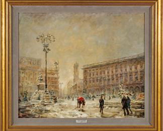 Italian Oil on Canvasboard, Ca. 1977, "La Prima Neve Piazza Duomo Milano", H 19" W 23"