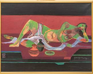 Jorleif Uthaug (Norwegian, 1911-1990) Oil on Canvas, "Reclining Nude", H 23" W 30"