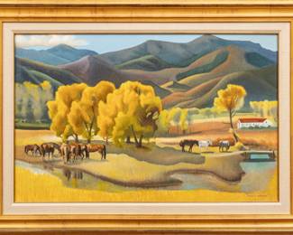 Fred E. Brooks (American) Oil on Masonite, "October Valley", H 25" W 38"