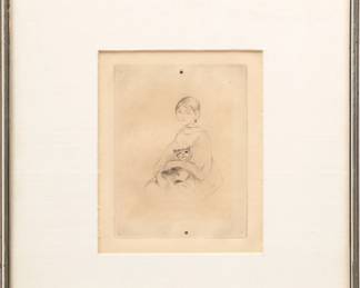 Berthe Morisot (French, 1841-1895) Drypoint Etching on Paper, 1889, "La Fillette Au Chat (Julie Manet)", H 6" W 4.75"
