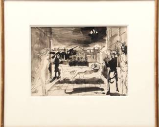 Attributed to Paul Delvaux (Belgian, 1897-1994) India Ink, Watercolor And Wash on Paper, Reclining Nude, H 9.5" W 12.5"