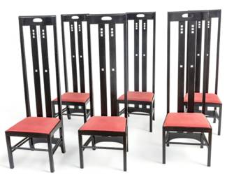 Charles Rennie Mackintosh Ebonized Wood Highback Dining Chairs, H 59" W 18.5" Depth 17" 6 pcs