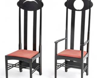 Charles Rennie Mackintosh 'Sun' Armchair & 'Moon' Chair, Ebonized Wood, H 54" W 19" Depth 18" 2 pcs