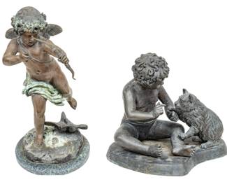 Bronze Garden Sculptures, Cupid & Child with Cat, H 26" W 30" Depth 24" 2 pcs