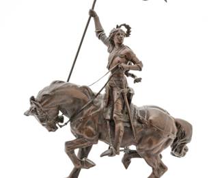 Adrien Etienne Gaudez, (French, 1845-1902) Bronze Sculpture, Joan of Arc on Horse Holding Banner "Dieu Patrie", H 19" L 12"