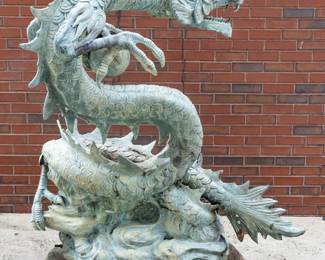 Patinated Cast Steel Garden Sculpture, Chinese Zodiac Dragon with Sphere, 20th C., H 65" W 25" L 60"