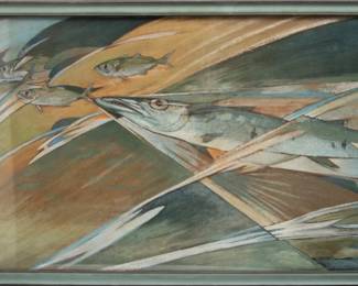 Laweis, Modern Pastel on Paper, 1920, Barracuda Breaching a Wave, H 22.5" W 44.5"