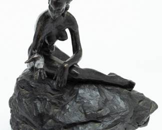 Betty Jacob, (Amer, 20th. C.) Bronze Sculpture Nude, Seated on Rocky Ledge H 13" W 11" Depth 10"