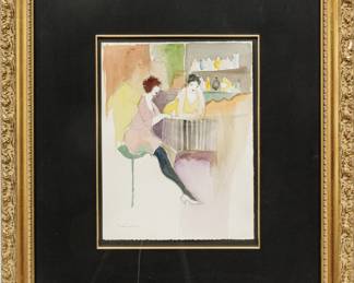 Itzchak Isaac Tarkay (Serbian/Israeli, 1935-2012) Watercolor on Paper, Two Ladys at a Bar, H 15.5" W 12"