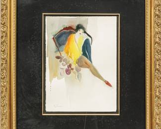 Itzchak Isaac Tarkay (Serbian/Israeli, 1935-2012) Watercolor on Paper Lady Wearing Yellow Seated, H 15.75" W 11.75"