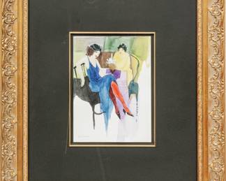 Itzchak Isaac Tarkay (Serbian/Israeli, 1935-2012) Watercolor on Paper Two Ladys Blue And Yellow, H 12" W 9"