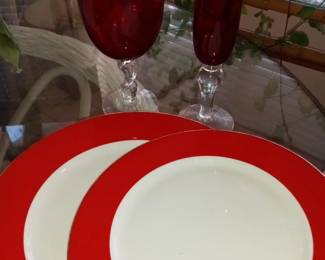Red Rim (AMC, N.Y., N.Y.) China: 13 of 12 inch large dinner plates and  4 of 10 inch plates.