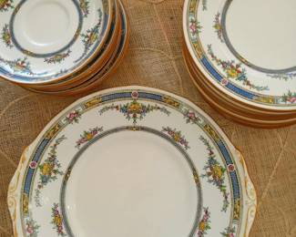 Mintons Princess set pieces bought in London, England (1964). One 10" serving plate, saucers (try with navy or white cups?) and tea-scone plates.