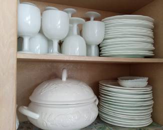 Lovely large soup Tureen with ladle. White glass water goblets. 32 of the total 62 matching white glass (party) plates (minimum set of 12)