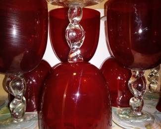 Rare Find: gorgeous dark red Crystal Water goblets and champagne flutes (matching color),clear white stems.