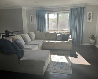 Available for sale:
Sofa, pillows, rug, wall decor and curtains.