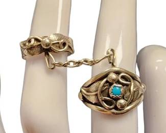04 Native American Signed Turquoise Ring With Chain Connected To Another Ring
