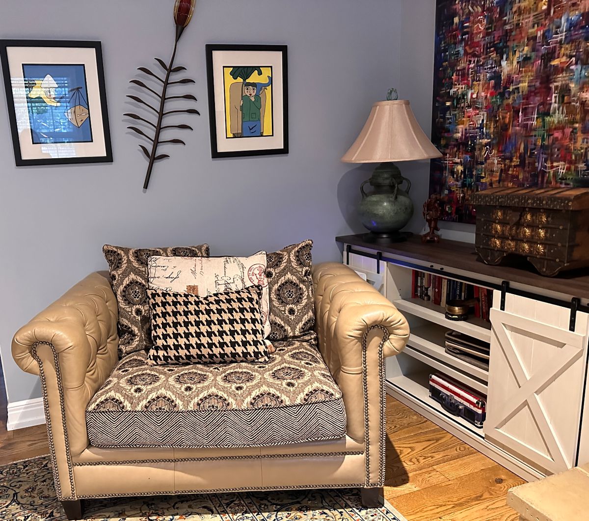 Taupe Leather Designer Chair & Art work