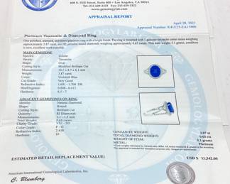 PLATINUM TANZANITE & DIAMOND RING, SIZE 7, 3.87ct TANZANITE, .65ct DIAMONDS, 5.1g, AIGL APPRAISAL $11,342,