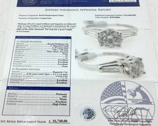 PLATINUM DIAMOND RING, SIZE 6.5, 1.3ct DIAMOND, .3ct ACCENT DIAMONDS, SIZE 6.5, 5.6g, GGA APPRAISAL $16,740,
