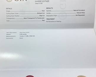 PLATINUM RARE G.I.A CERTIFIED UNHEATED RUBY & DIAMOND
RING, 5.9ct RUBY, SIZE 7.5, 1.07ct DIAMONDS, 10.6g, GGA APPRAISAL $22,930,