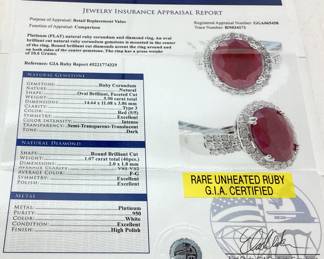 PLATINUM RARE G.I.A CERTIFIED UNHEATED RUBY & DIAMOND
RING, 5.9ct RUBY, SIZE 7.5, 1.07ct DIAMONDS, 10.6g, GGA APPRAISAL $22,930,