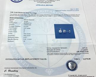 14KT WHITE GOLD DIAMOND STUD EARRINGS, 2.07ct DIAMONDS, 1 GRAM, AIGL APPRAISAL $12,970,