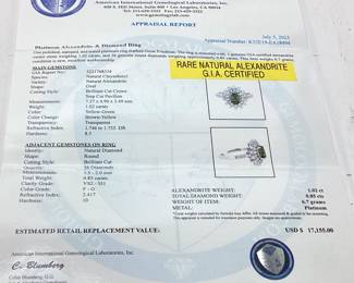 PLATINUM RARE G.I.A CERTIFIED ALEXANDRITE & DIAMOND RING, 1.02ct ALEXANDRITE, .85ct DIAMONDS, SIZE 7, 6.7g,
AIGL APPRAISAL $17,155,
