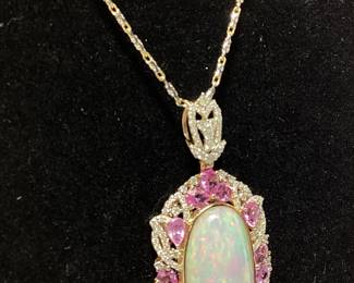 14KT YELLOW GOLD OPAL, SAPPHIRE & DIAMOND NECKLACE & PENDANT, 17.26ct OPAL, 18''L, 4.93ct SAPPHIRE, 1.5ct DIAMONDS, 19.7g,, AIGL APPRAISAL $26,282,