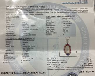 14KT YELLOW GOLD OPAL, SAPPHIRE & DIAMOND NECKLACE & PENDANT, 17.26ct OPAL, 18''L, 4.93ct SAPPHIRE, 1.5ct DIAMONDS, 19.7g,, AIGL APPRAISAL $26,282,