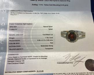14KT GOLD RED SPINEL & DIAMOND RING, 1.16ct SPINEL, .38ct DIAMONDS, SIZE 7.5, 4.4g, GAL APPRAISAL $5,215,