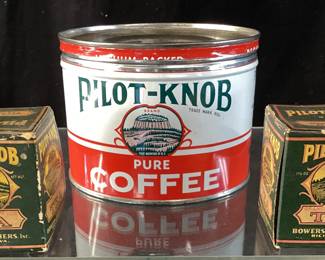 RARE 2 VTG. PILOT KNOB TEA TINS UNOPENED, 1 PILOT KNOB COFFEE TIN, NO COFFEE,