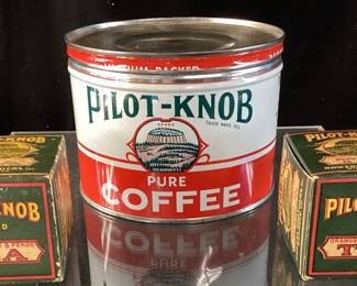 RARE 2 VTG. PILOT KNOB TEA TINS UNOPENED, 1 PILOT KNOB COFFEE TIN, NO COFFEE,